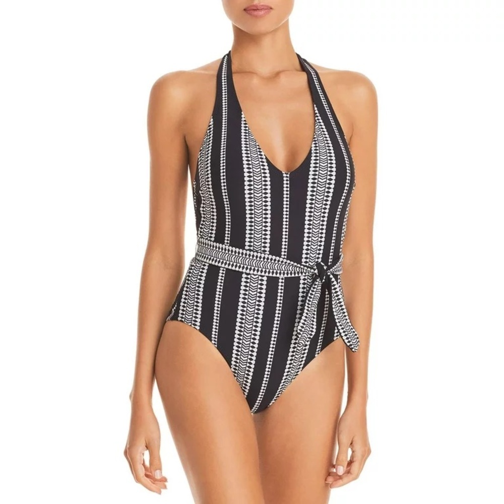 Lemlem Luchia Black with White Embroidery Belted Deep V One Piece Swimsuit